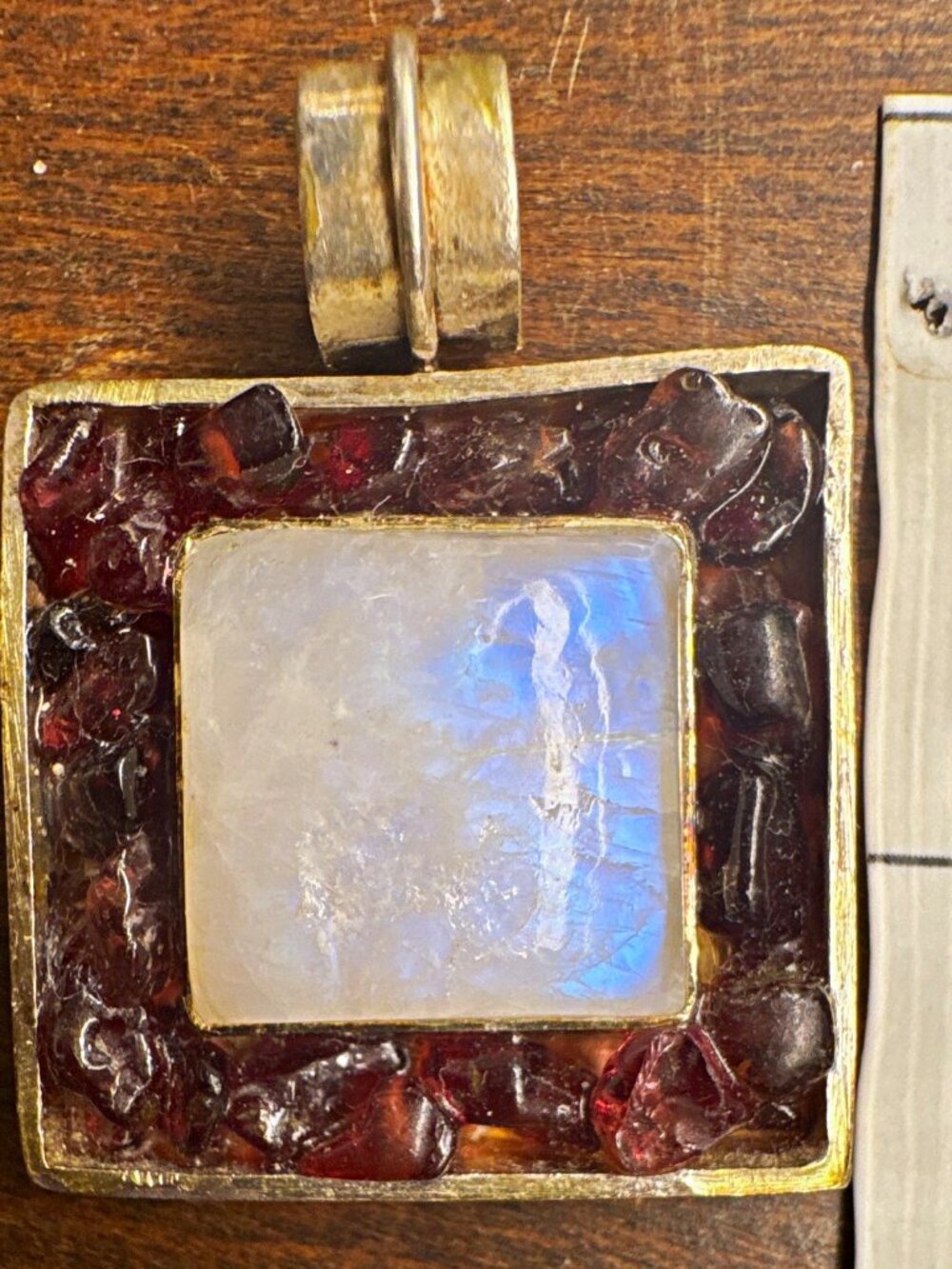 Sterling Silver 925 Square Bezel Moonstone & Garnet Pendant